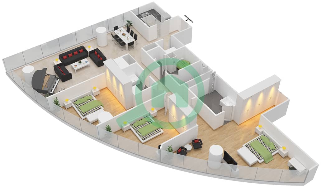 Тауэр Нэйшн A - Апартамент 3 Cпальни планировка Тип 3C Floor 52-63 interactive3D