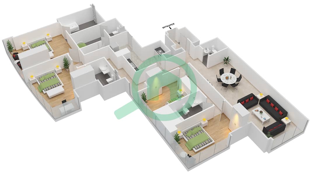 Нейшн Тауэр B - Апартамент 4 Cпальни планировка Тип 4A Floor 39-50 interactive3D