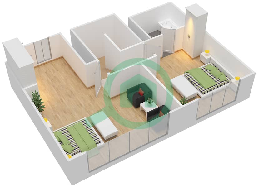Нейшн Тауэр B - Апартамент 2 Cпальни планировка Тип LOFT 2B Upper Floor 4-60 interactive3D