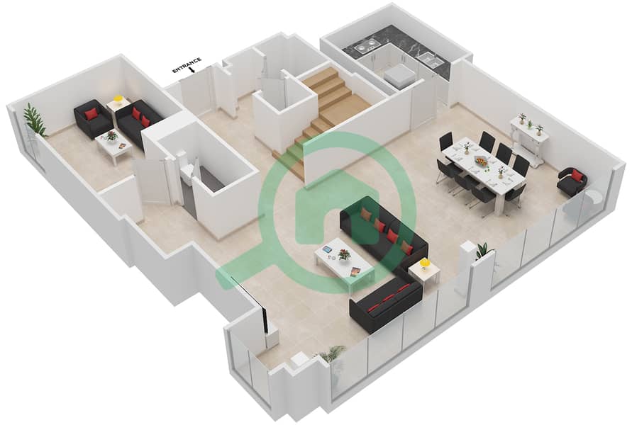 المخططات الطابقية لتصميم النموذج LOFT 2J شقة 2 غرفة نوم - أبراج النيشن B Lower Floor52-60 interactive3D