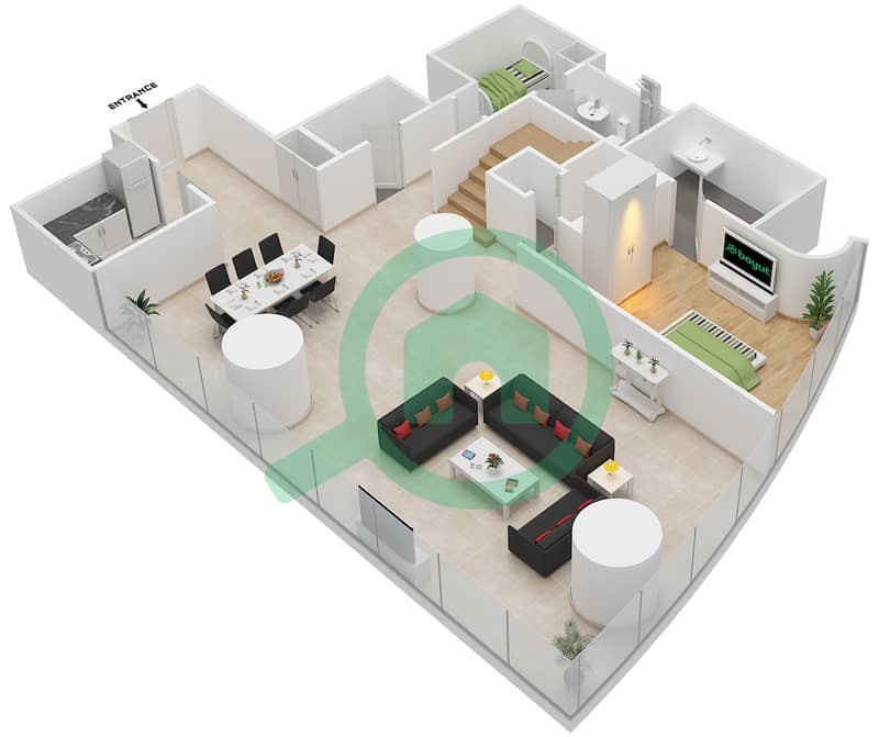 المخططات الطابقية لتصميم النموذج LOFT 3A شقة 3 غرف نوم - أبراج النيشن B Lower Floor 4-50 interactive3D