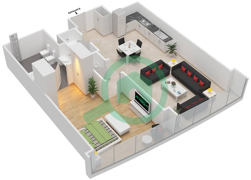 Нейшн Тауэр B - Апартамент 1 Спальня планировка Тип 1A Floor 4-50 interactive3D