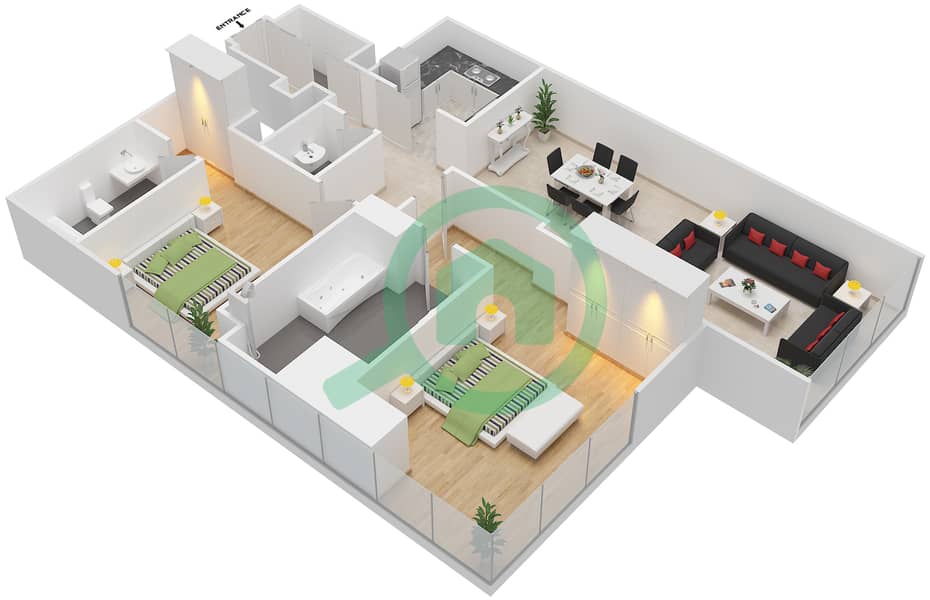 Нейшн Тауэр B - Апартамент 2 Cпальни планировка Тип 2E Floor 4-50 interactive3D