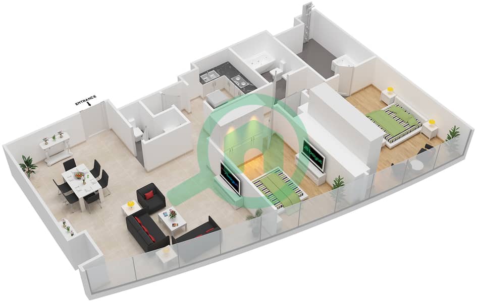 Нейшн Тауэр B - Апартамент 2 Cпальни планировка Тип 2F Floor 52-60 interactive3D