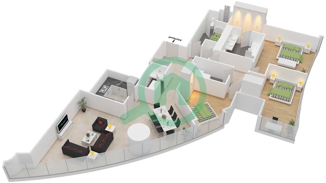 民族大厦B座 - 3 卧室公寓类型3B戶型图 Floor 4-50 interactive3D