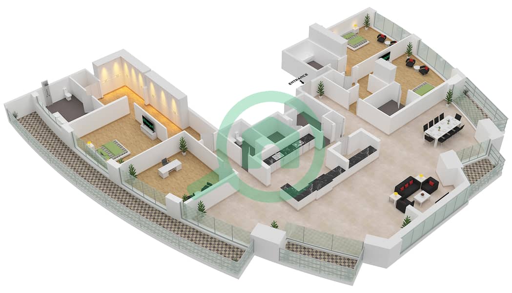المخططات الطابقية لتصميم الوحدة 1 بنتهاوس 3 غرف نوم - برج بونير interactive3D