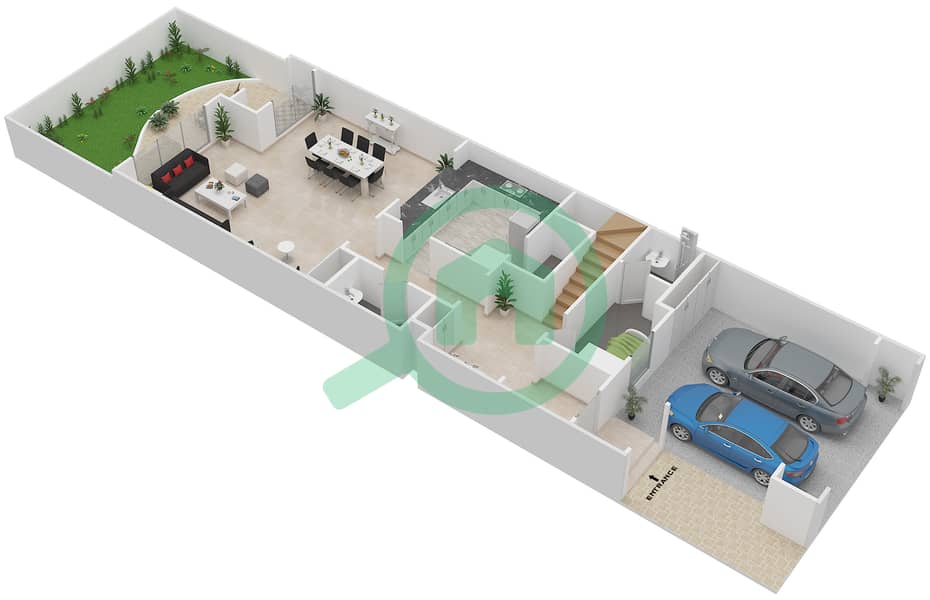 المخططات الطابقية لتصميم النموذج 1 تاون هاوس 3 غرف نوم - ريدوود بارك Ground Floor interactive3D