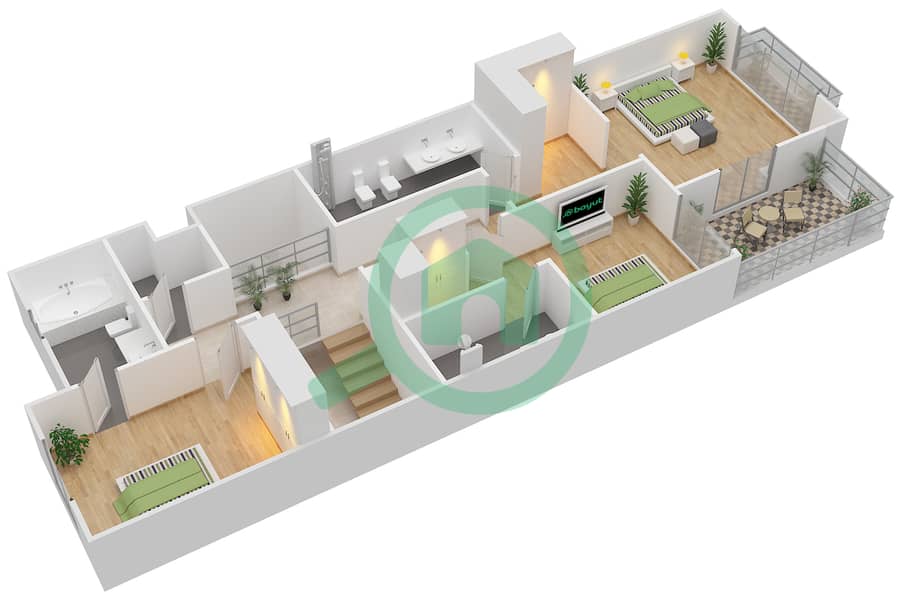 红木公寓 - 3 卧室联排别墅类型1戶型图 First Floor interactive3D