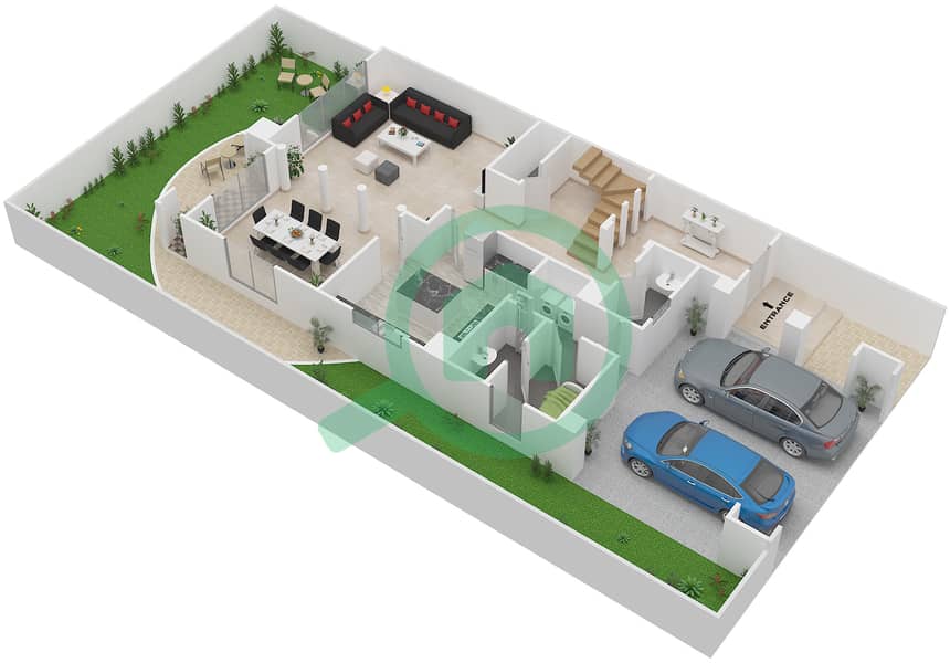 المخططات الطابقية لتصميم النموذج 1 تاون هاوس 4 غرف نوم - ريدوود بارك Ground Floor interactive3D