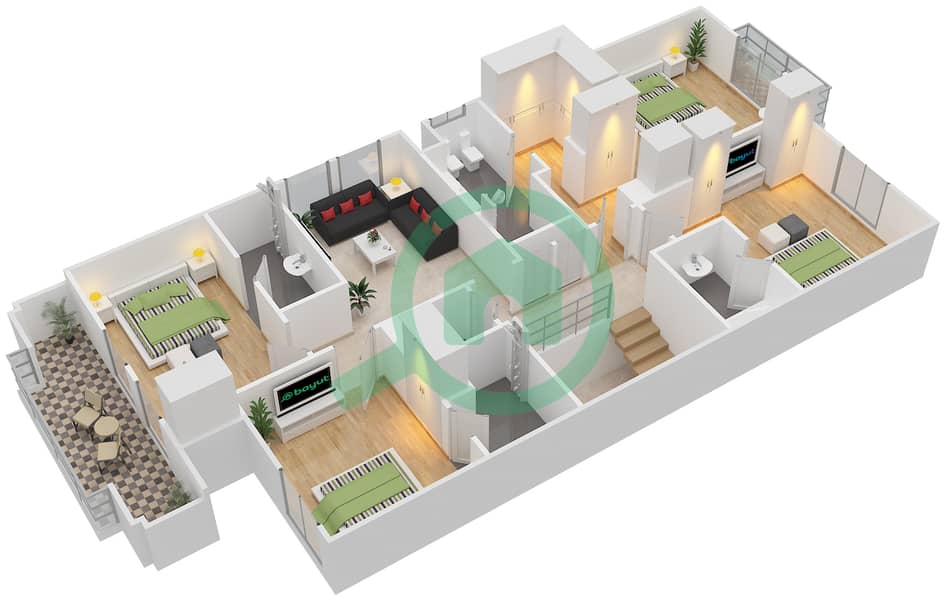 المخططات الطابقية لتصميم النموذج 1 تاون هاوس 4 غرف نوم - ريدوود بارك First Floor interactive3D