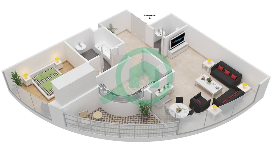 المخططات الطابقية لتصميم النموذج 5 شقة 1 غرفة نوم - بيتش تاور A interactive3D