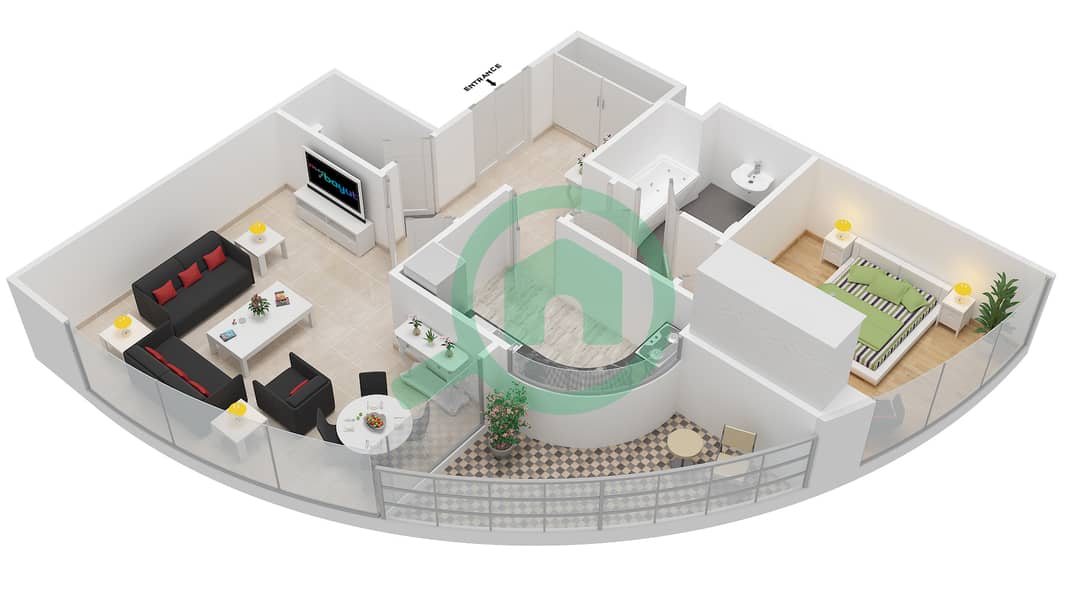 المخططات الطابقية لتصميم النموذج 6 شقة 1 غرفة نوم - بيتش تاور A interactive3D