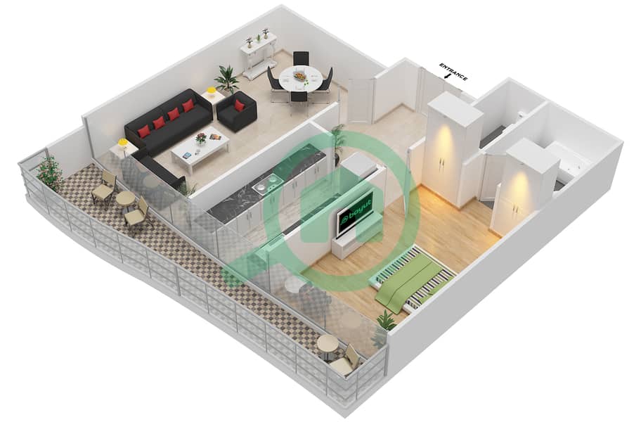 المخططات الطابقية لتصميم النموذج 7 شقة 1 غرفة نوم - بيتش تاور A interactive3D