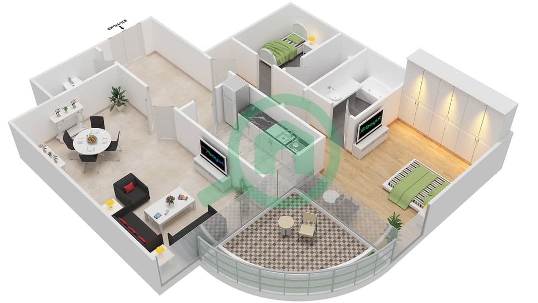 المخططات الطابقية لتصميم النموذج 8 شقة 1 غرفة نوم - بيتش تاور A interactive3D