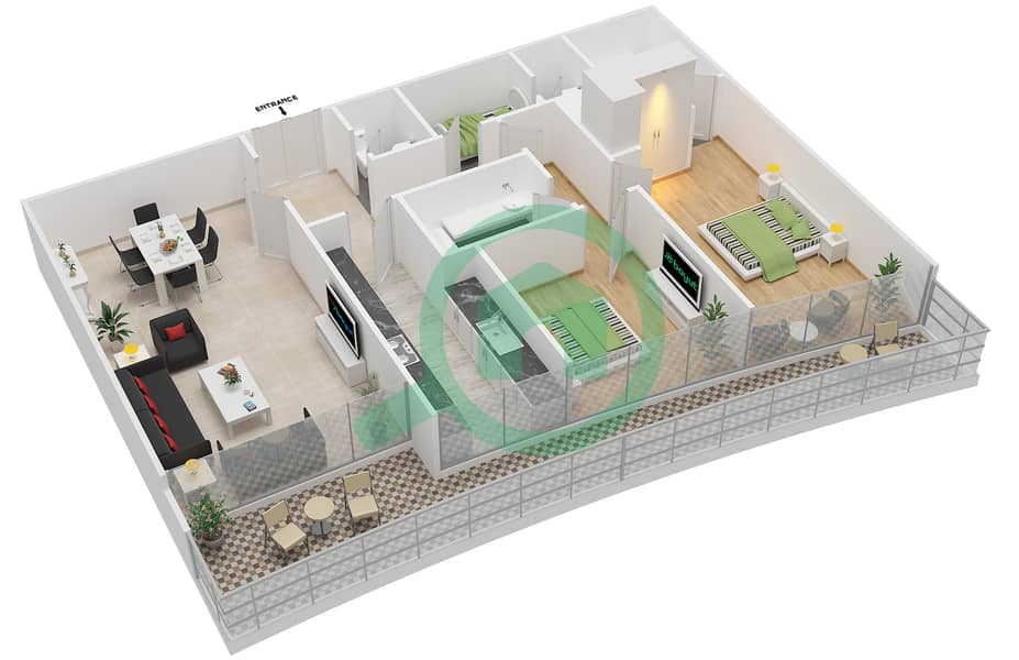 المخططات الطابقية لتصميم النموذج 5 شقة 2 غرفة نوم - بيتش تاور A interactive3D