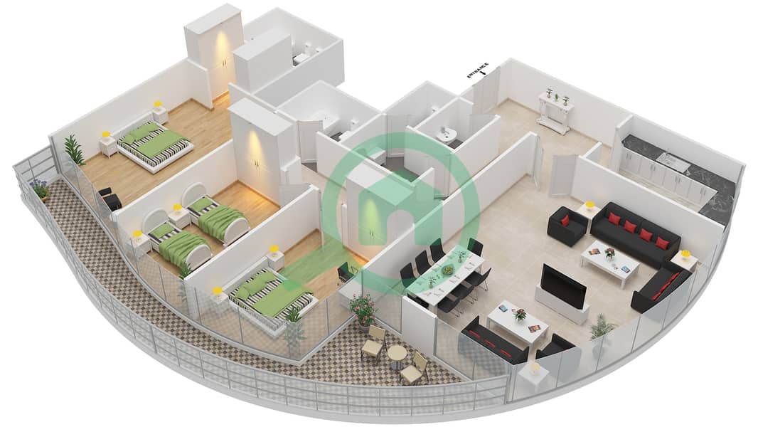 المخططات الطابقية لتصميم النموذج 2 شقة 3 غرف نوم - بيتش تاور A interactive3D