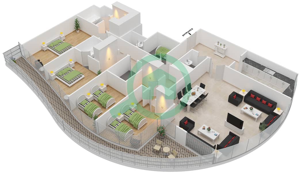 Бич Тауэр A - Апартамент 4 Cпальни планировка Тип 1 interactive3D
