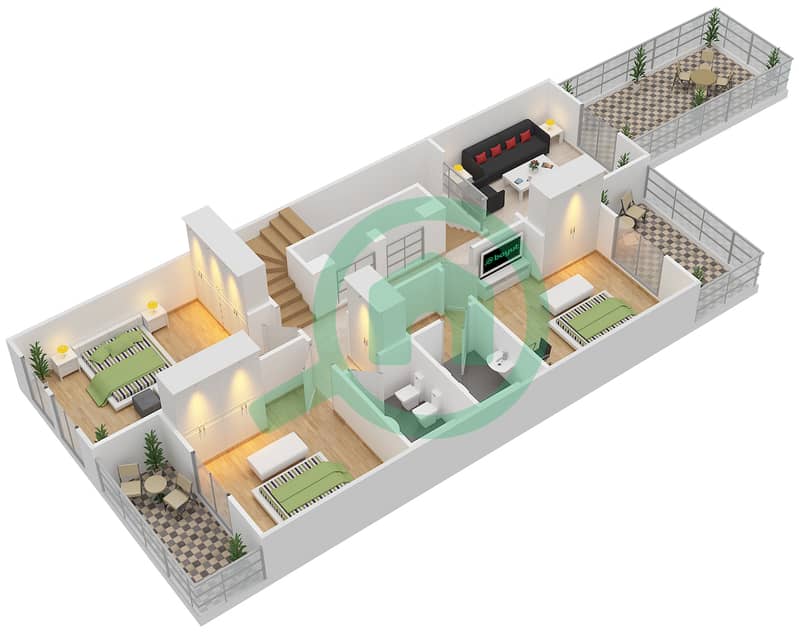 المخططات الطابقية لتصميم النموذج A تاون هاوس 3 غرف نوم - حدائق مشرف First Floor interactive3D