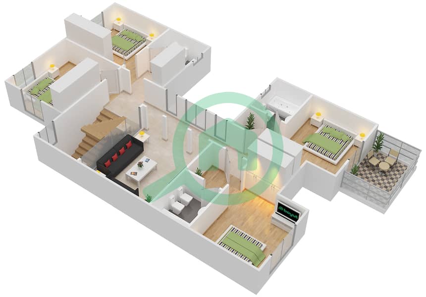 المخططات الطابقية لتصميم النموذج B تاون هاوس 4 غرف نوم - حدائق مشرف First Floor interactive3D