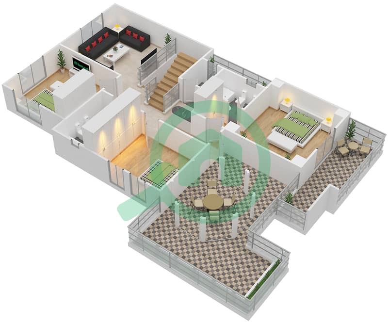 المخططات الطابقية لتصميم النموذج C فیلا 3 غرف نوم - حدائق مشرف First Floor interactive3D