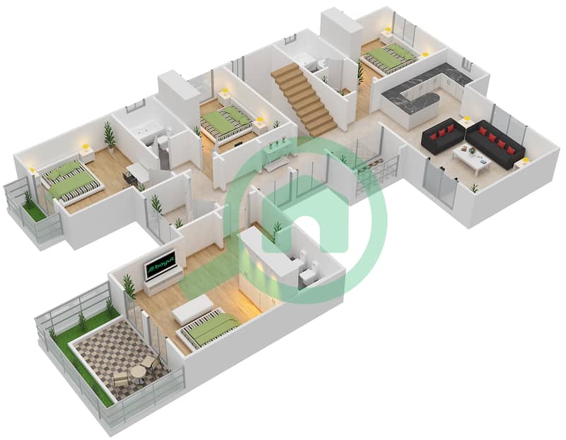 المخططات الطابقية لتصميم النموذج D فیلا 4 غرف نوم - حدائق مشرف First Floor interactive3D