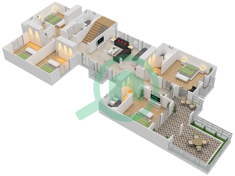 المخططات الطابقية لتصميم النموذج E فیلا 5 غرف نوم - حدائق مشرف First Floor interactive3D