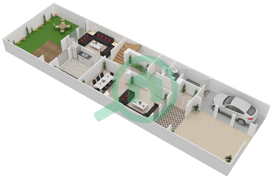 المخططات الطابقية لتصميم النموذج A تاون هاوس 3 غرف نوم - حدائق مشرف Ground Floor interactive3D