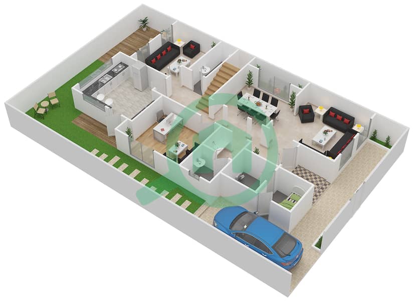 المخططات الطابقية لتصميم النموذج C فیلا 3 غرف نوم - حدائق مشرف Ground Floor interactive3D