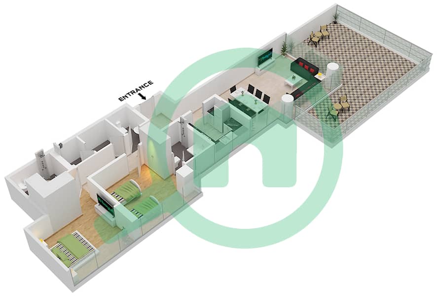 المخططات الطابقية لتصميم الوحدة 1 FLOOR 2 شقة 2 غرفة نوم - غولف بانوراما A Floor 2 interactive3D