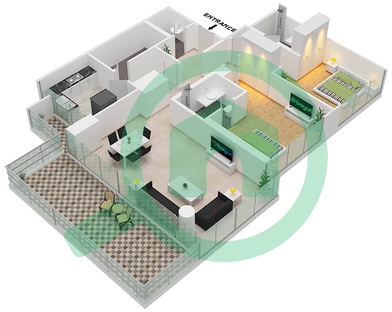 المخططات الطابقية لتصميم الوحدة 2A FLOOR 3 شقة 2 غرفة نوم - غولف بانوراما A Floor 3 interactive3D