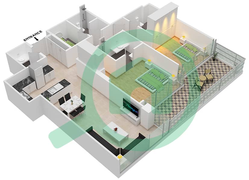 المخططات الطابقية لتصميم الوحدة 11 FLOOR 3-4 شقة 2 غرفة نوم - غولف بانوراما A Floor 3-4 interactive3D