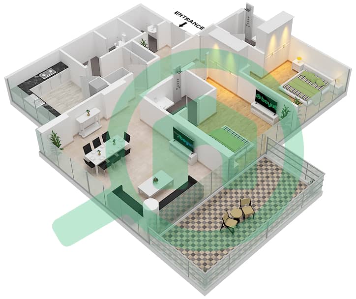 المخططات الطابقية لتصميم الوحدة 2A FLOOR 4 شقة 2 غرفة نوم - غولف بانوراما A Floor 4 interactive3D