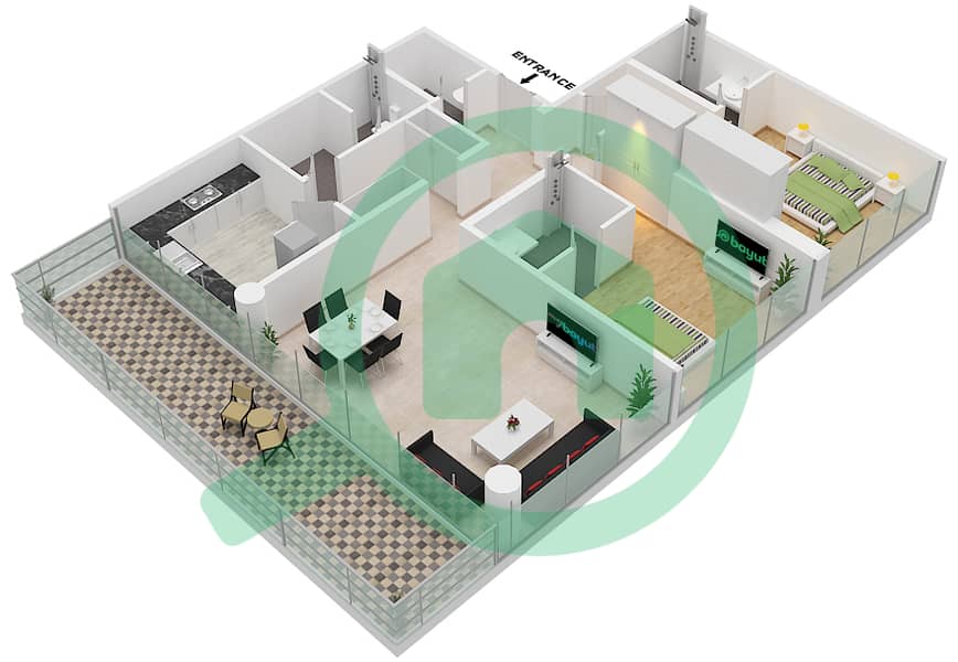المخططات الطابقية لتصميم الوحدة 2A FLOOR 7 شقة 2 غرفة نوم - غولف بانوراما A Floor 7 interactive3D