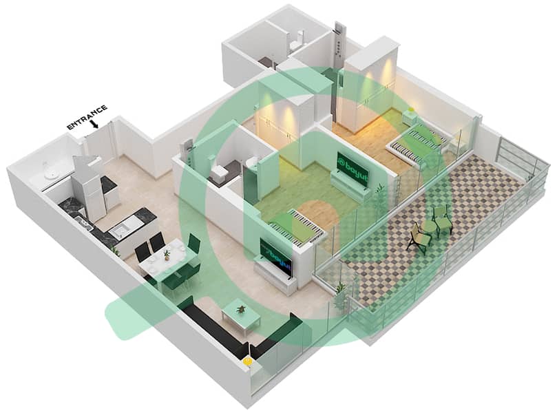المخططات الطابقية لتصميم الوحدة 7 FLOOR 8 شقة 2 غرفة نوم - غولف بانوراما A Floor 8 interactive3D