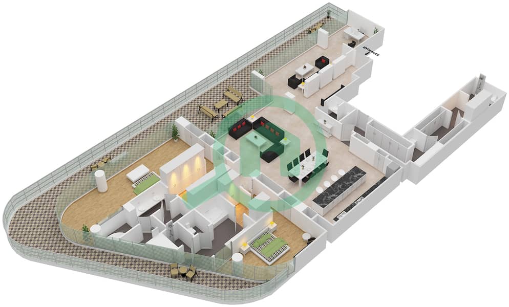 المخططات الطابقية لتصميم الوحدة 2-501 شقة 2 غرفة نوم - قصر 2 Floor 5 interactive3D
