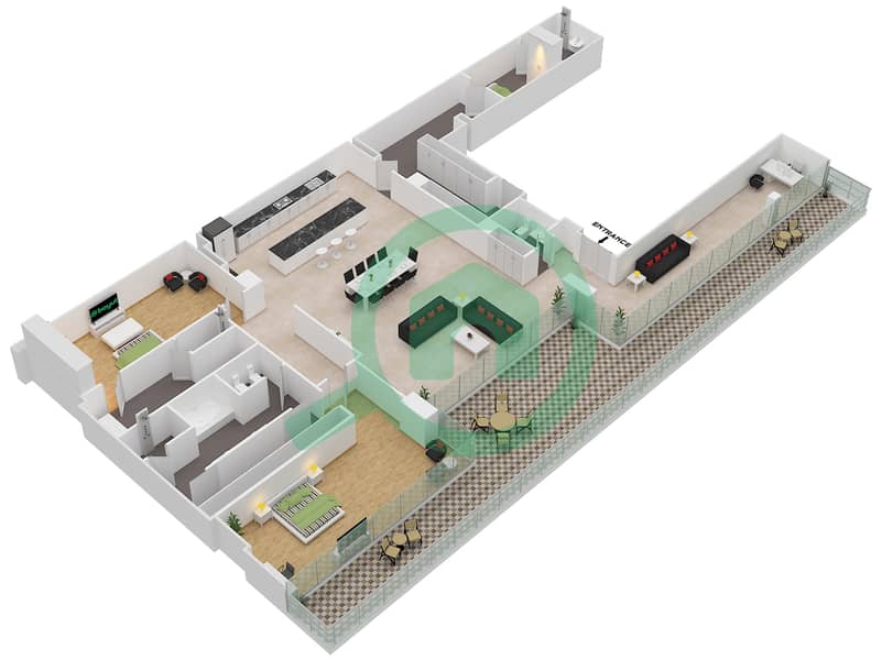 W Резиденс - Апартамент 2 Cпальни планировка Единица измерения 2-602 Floor 6 interactive3D
