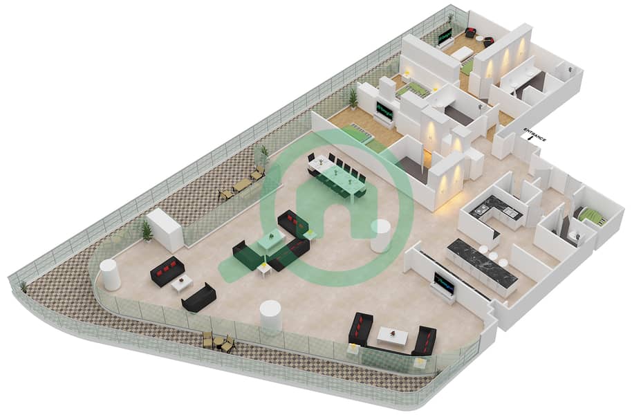 W Резиденс - Апартамент 3 Cпальни планировка Единица измерения 2-101 Floor 1 interactive3D