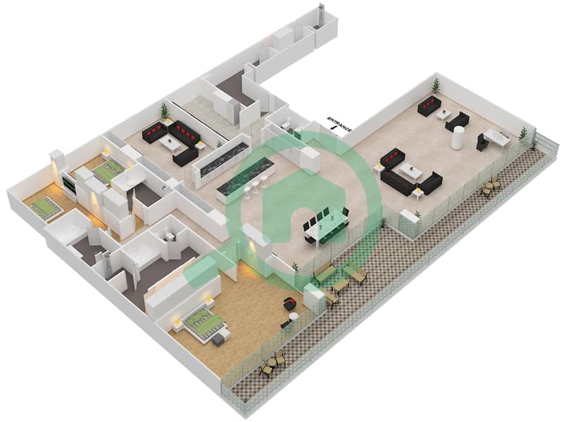 W Резиденс - Апартамент 3 Cпальни планировка Единица измерения 2-302 Floor 3 interactive3D