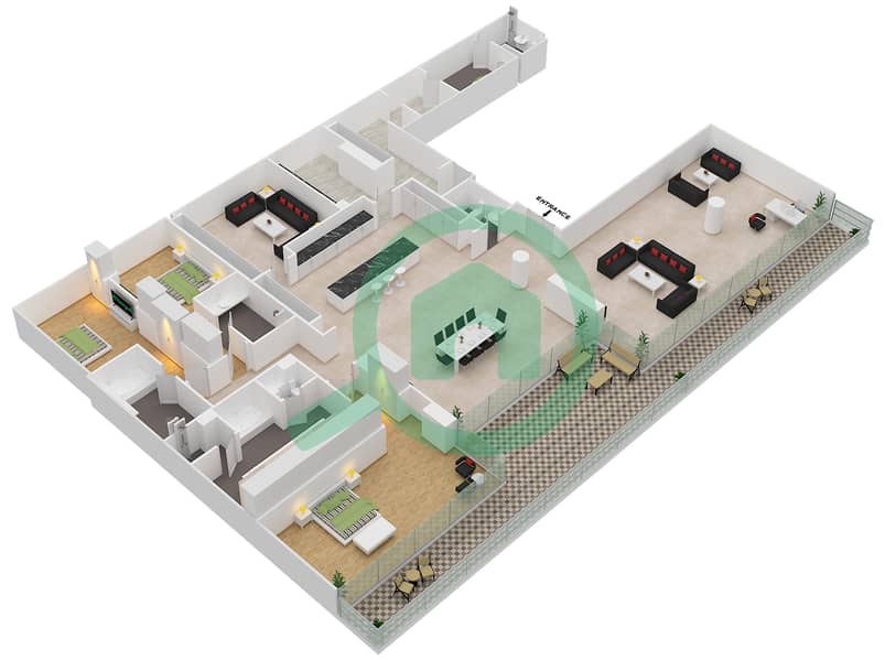 المخططات الطابقية لتصميم الوحدة 2-402 شقة 3 غرف نوم - قصر 2 Floor 4 interactive3D