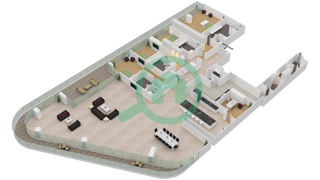 المخططات الطابقية لتصميم الوحدة 2-301 شقة 4 غرف نوم - قصر 2 Floor 3 interactive3D