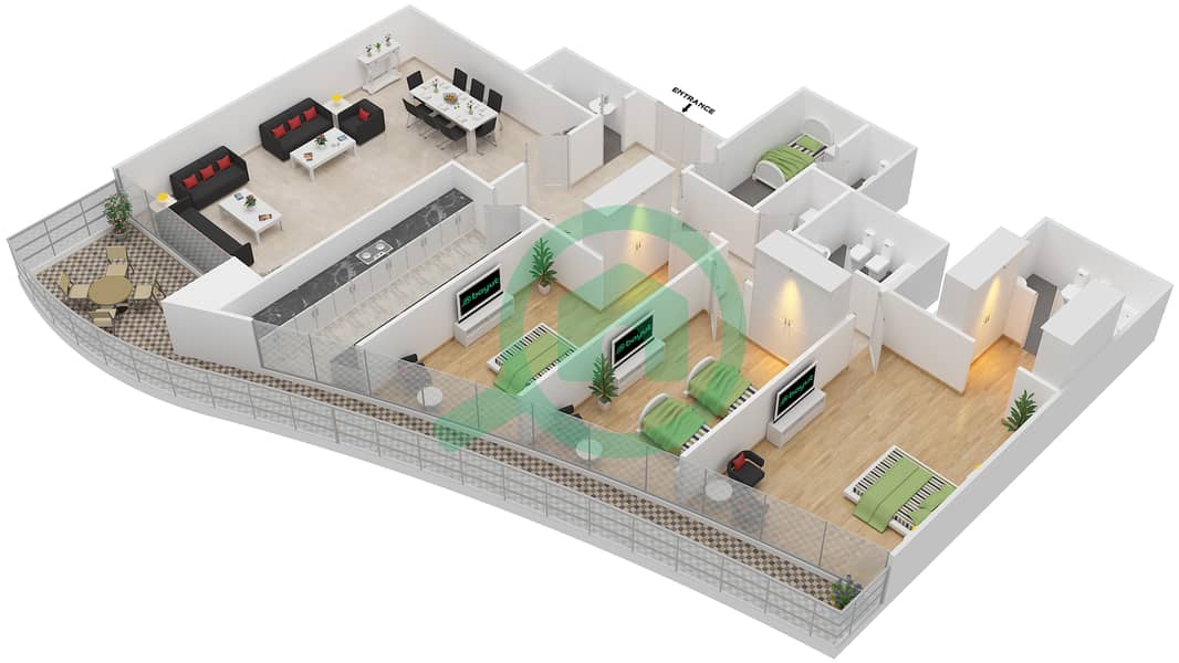 Beach Tower B - 3 Bedroom Apartment Type 1 Floor plan interactive3D
