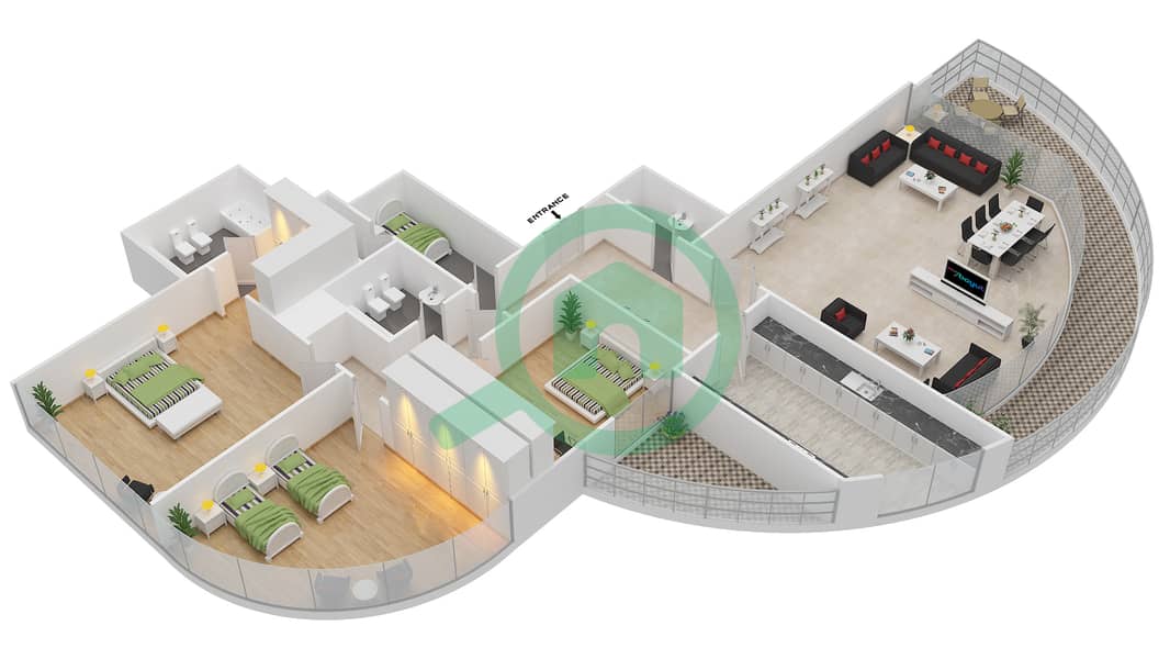 Бич Тауэр B - Апартамент 3 Cпальни планировка Тип 2 interactive3D