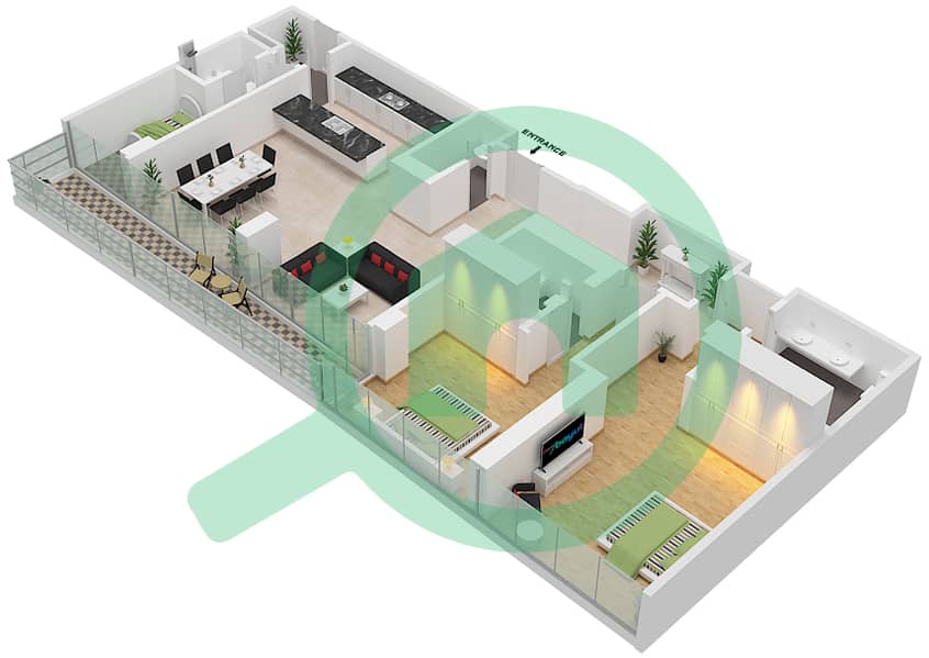 16号楼 - 2 卧室公寓类型／单位B4/304,404,504戶型图 Floor 3-6
Unit-603 interactive3D
