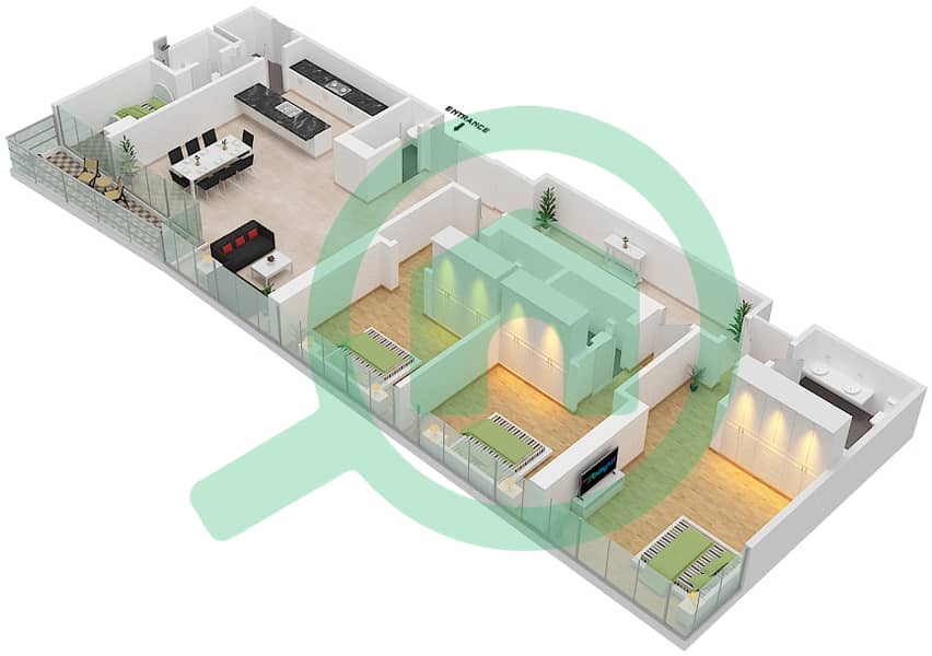 المخططات الطابقية لتصميم النموذج / الوحدة A/104,204 شقة 3 غرف نوم - بناية 16 Floor 1-2 interactive3D