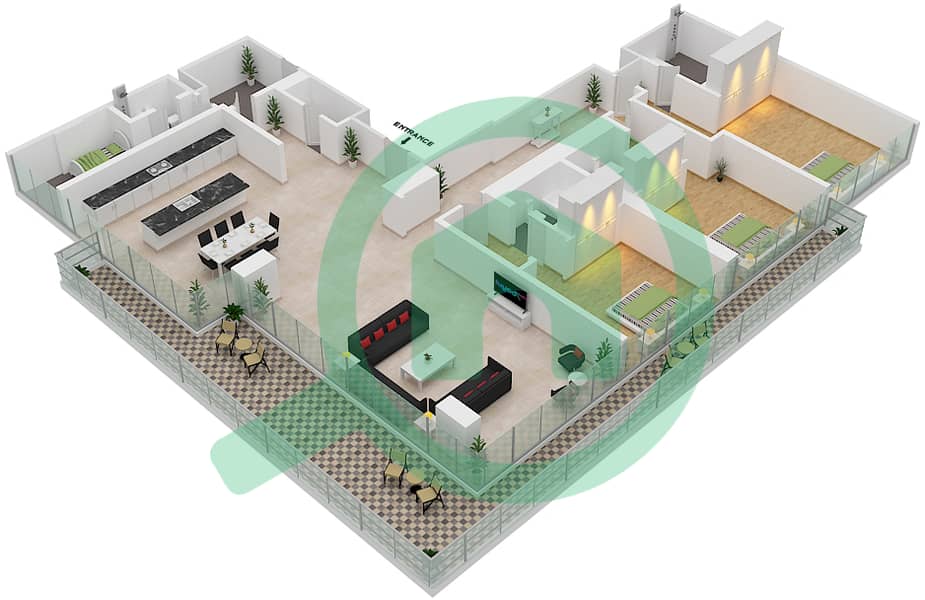 16号楼 - 3 卧室公寓类型／单位J/306戶型图 Floor 3 interactive3D