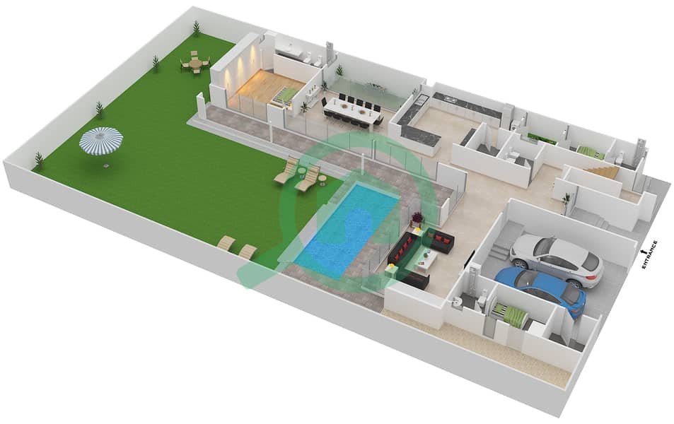المخططات الطابقية لتصميم النموذج 4D فیلا 4 غرف نوم - شوبا إستيتس Ground Floor interactive3D