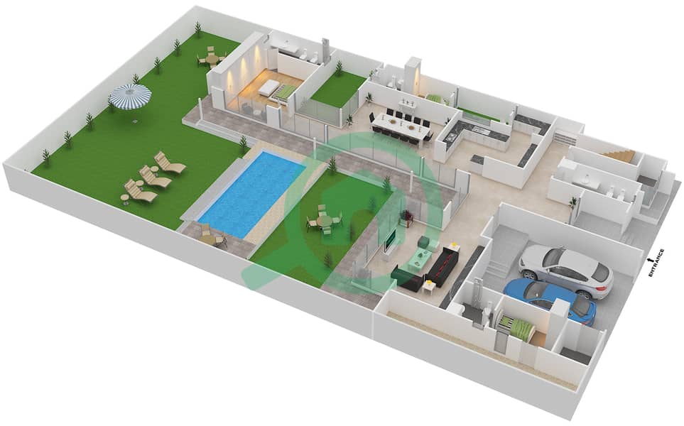 المخططات الطابقية لتصميم النموذج 4E فیلا 4 غرف نوم - شوبا إستيتس Ground Floor interactive3D