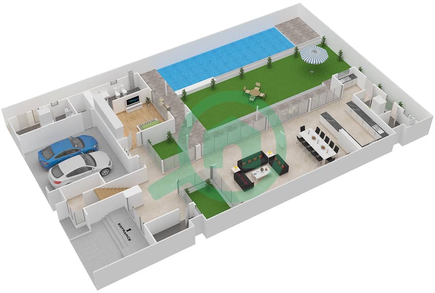 المخططات الطابقية لتصميم النموذج 4G فیلا 4 غرف نوم - شوبا إستيتس Ground Floor interactive3D