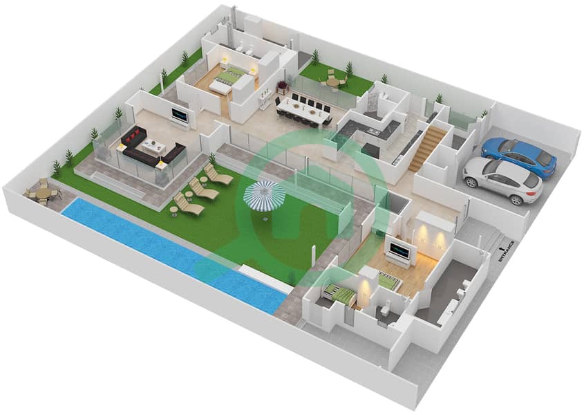 المخططات الطابقية لتصميم النموذج 5D فیلا 5 غرف نوم - شوبا إستيتس Ground Floor interactive3D
