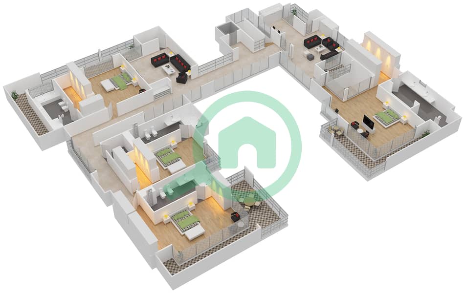 المخططات الطابقية لتصميم النموذج 6E فیلا 6 غرف نوم - شوبا إستيتس First Floor interactive3D